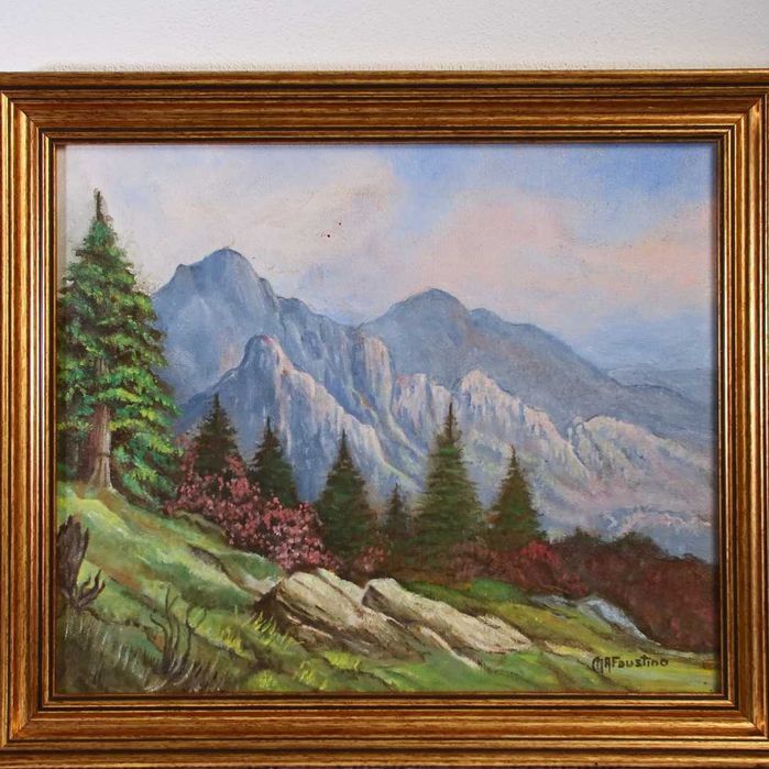 Óleo sobre tela com representação de paisagem assinado MAFaustino