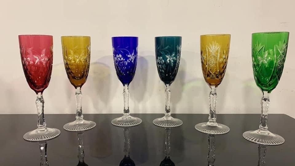 Copos de champagne cristal alemão colorido llapidado manual extraordin
