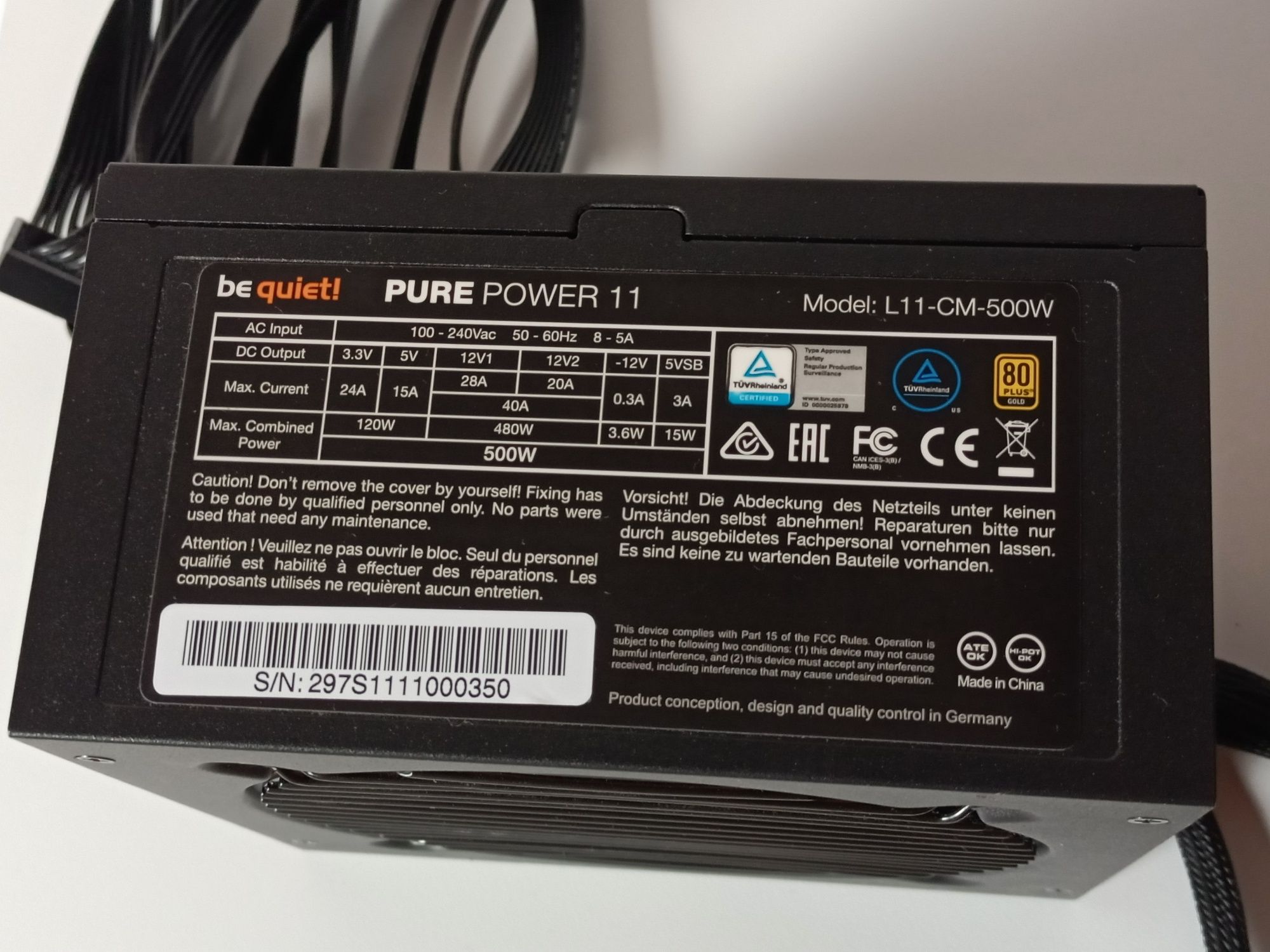 Zasilacz ATX Bequiet Pure Power 11 80 plus Gold 500W modularny pudełko