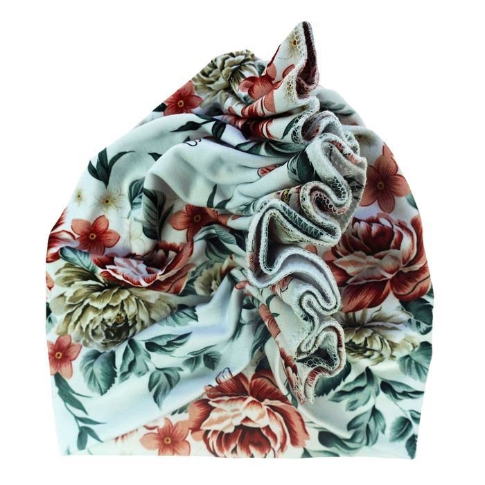 Czapka/turban i chusta w kwiaty bordowe peonie ROZMIAR L (48-52)