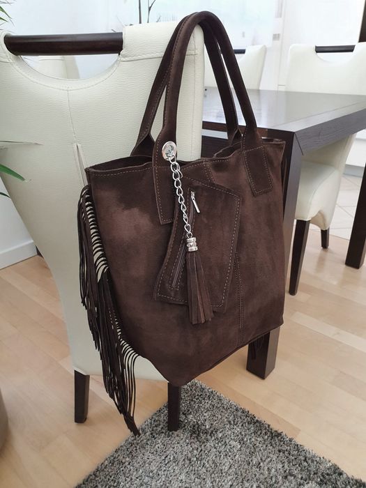 VERA PELLE torebka damska zamszowa shopper z frędzlami V460 c.brązowa