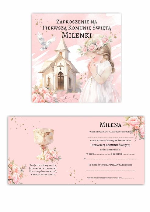 Zaproszenia na PIERWSZĄ KOMUNIĘ ŚWIĘTĄ dla dziewczynki + koperta