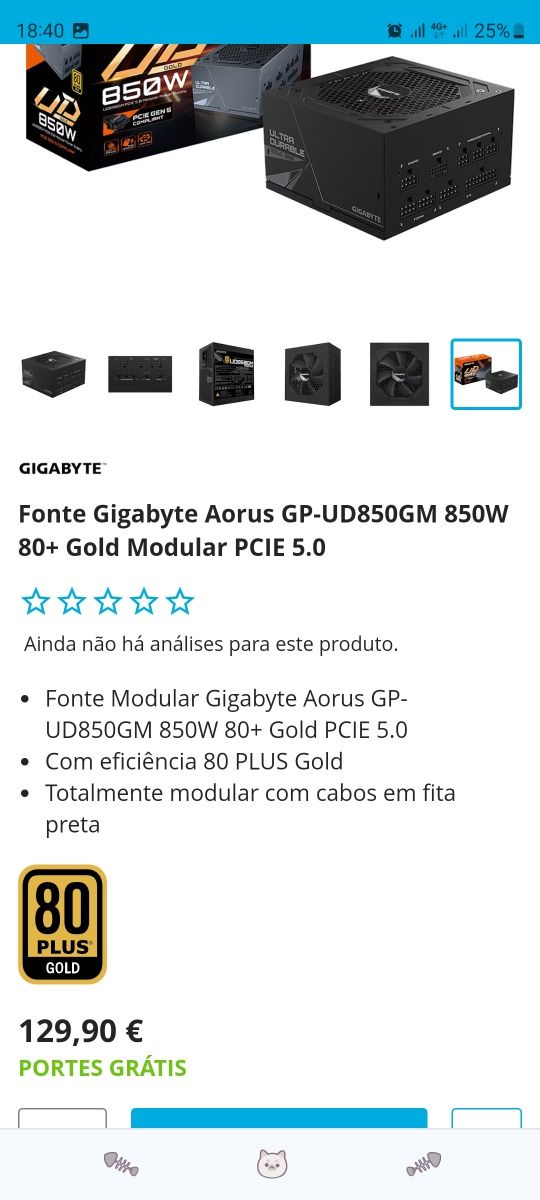 Fonte alimentação Gigabyte Aorus GP-UD850GM GOLD como nova com garanti