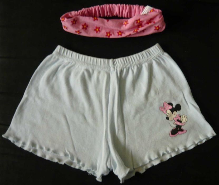krótkie spodenki  128 myszka MInnie  i opaska dla dziewczynki kwiatki