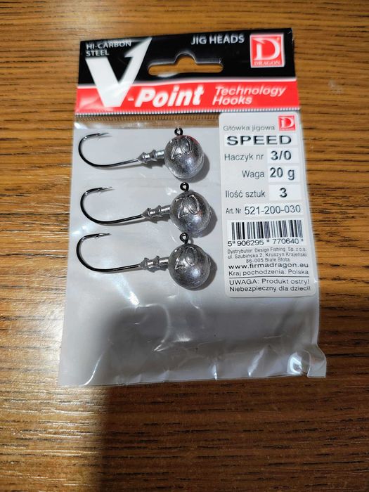 Główki jigowe Dragon V-Point Speed hak 3/0, waga 20g, 3 szt