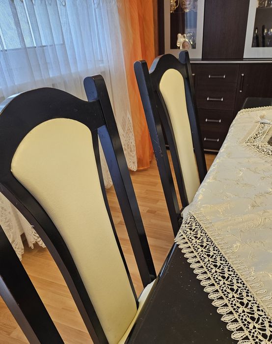Stół z Krzesłami - Duży Rodzinny Rozkładany - Wenge - Skóra