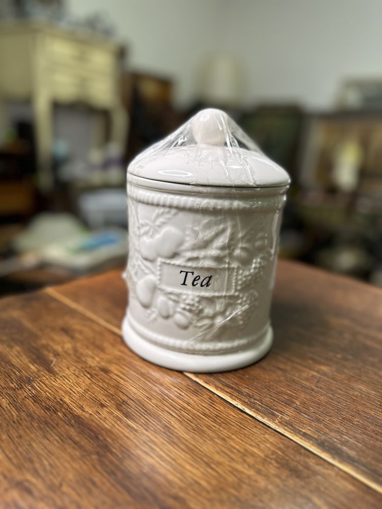 Porcelanowy pojemnik na herbatę duży jasny z owocami dekoracja 2
