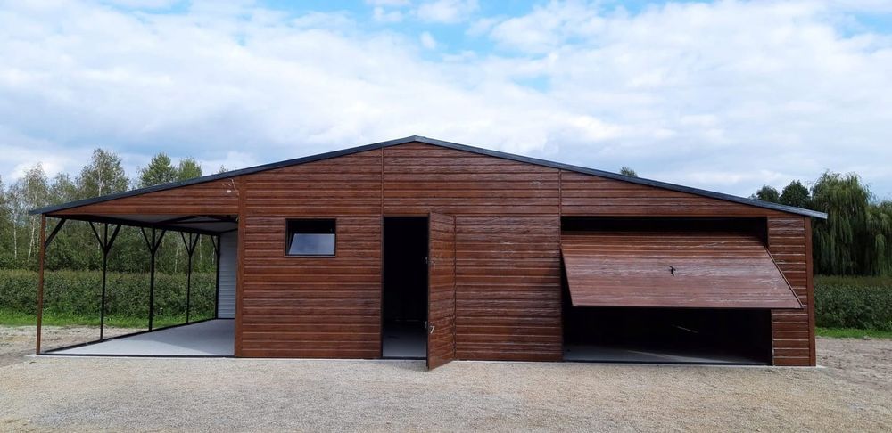 Garaż z wiatą drewnopodobny 11x7 m