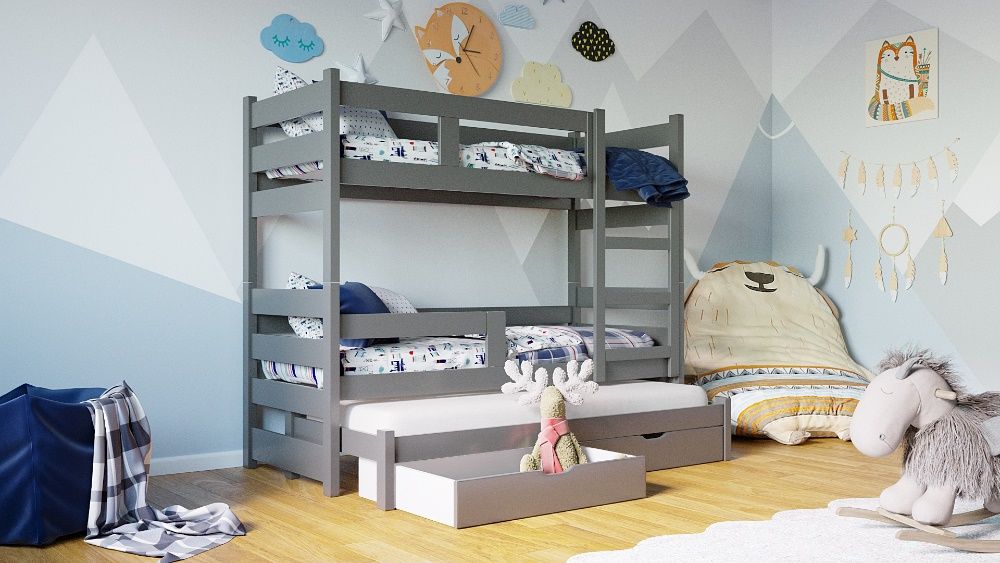 Łóżko piętrowe dla dzieci MIA 3 osobowe z szufladami i materacami