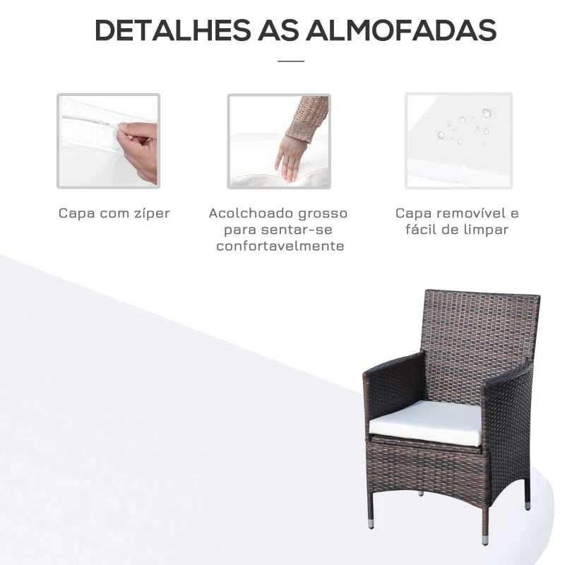 Conjunto de 1 Mesa e 2 Cadeiras Rattan para Jardim - Castanho