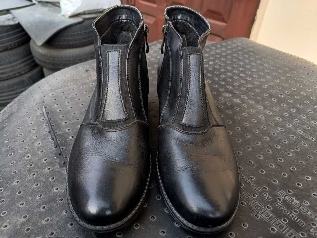 Buty-Kozaki Damskie BOTKI Koturno r40 Natural Skóra100% CZARNE I-Klasa