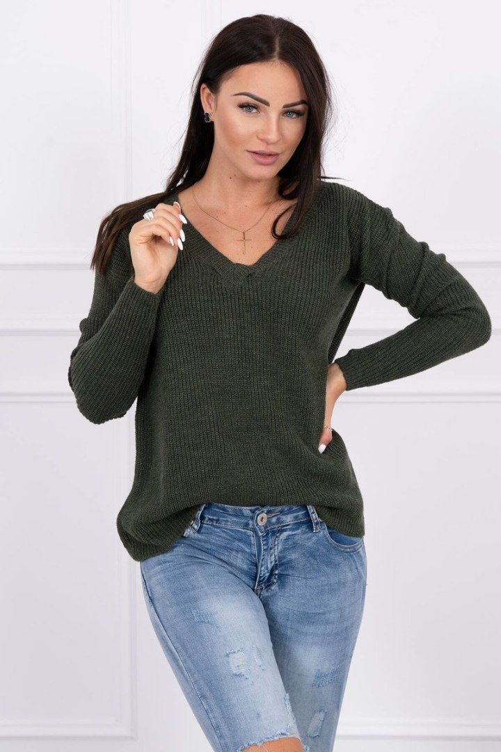 Sweter z dekoltem V khaki o luźnym kroju akrylowy