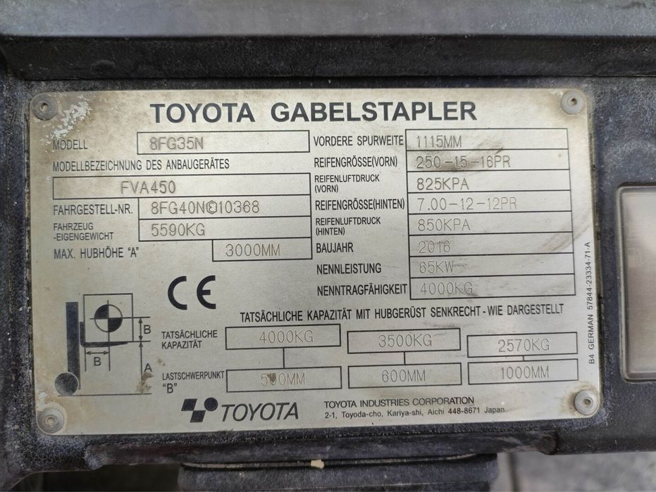 Wózek widłowy Toyota 8FG35, 8FG40, 4 tony, 2016 rok gazowy