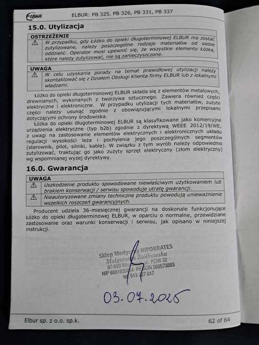 Łóżko rehabilitacyjne ELBUR PB 331