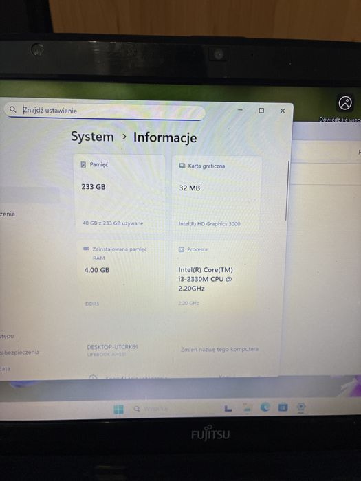 Laptop Fujitsu intel core i 3 dysk 250GB