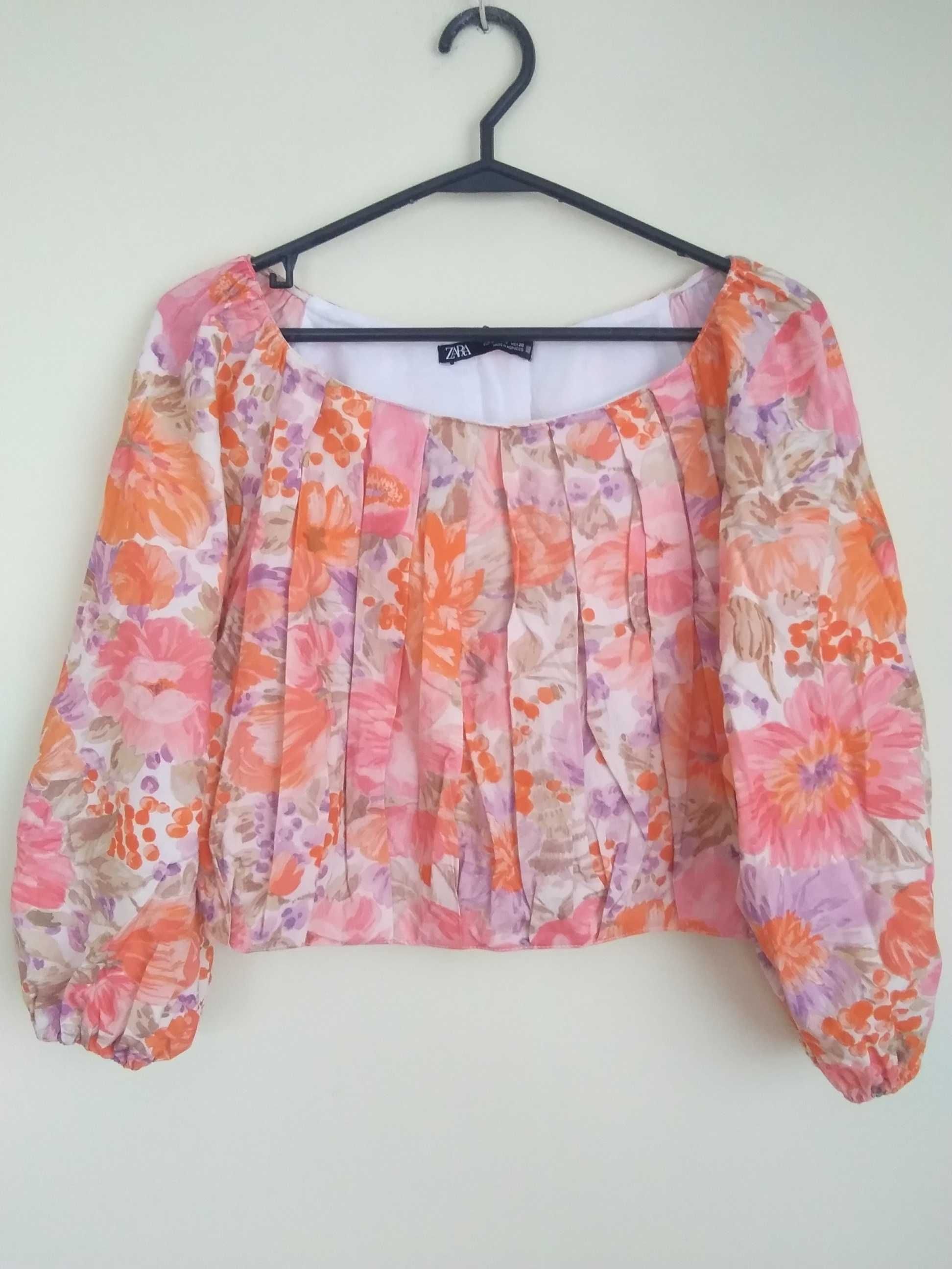 Kwiecisty crop top Zara, boho, hippi, bufiaste rękawy, nowy, rozm uni