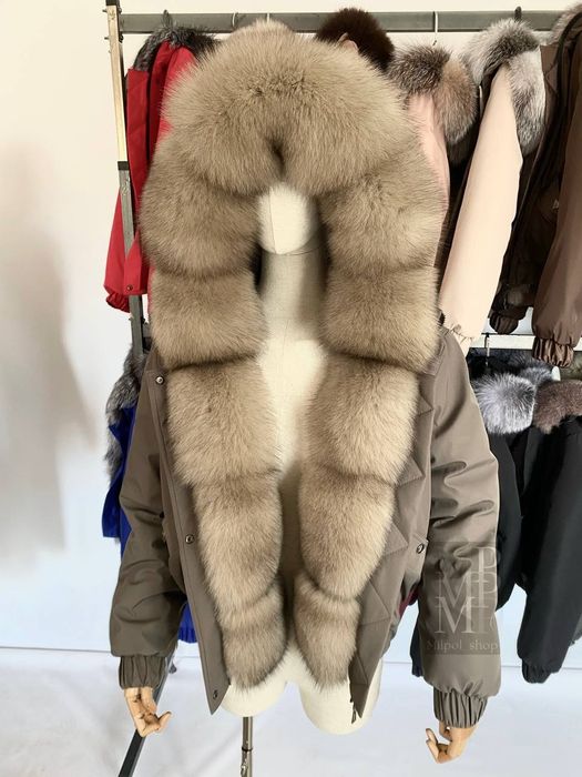 Женская зимняя куртка, бомбер шоколад с натуральным мехом песца, 42-60