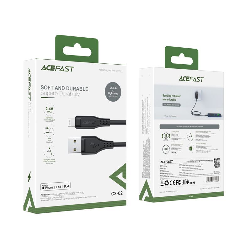 Acefast kabel MFI USB - Lightning 1,2m, 2,4A czarny C3-02 black