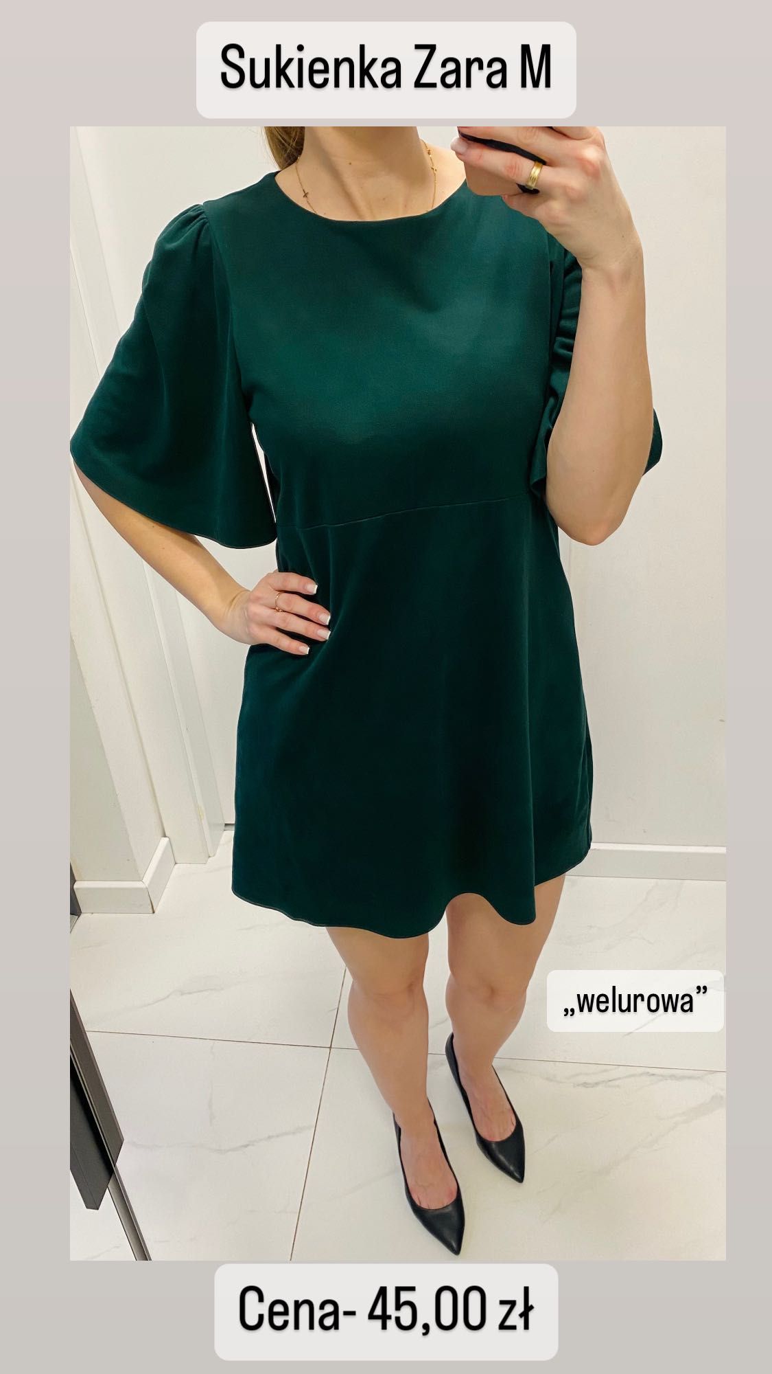 Welurowa aksamitna sukienka Zara M butelkowa zieleń krótki rękaw