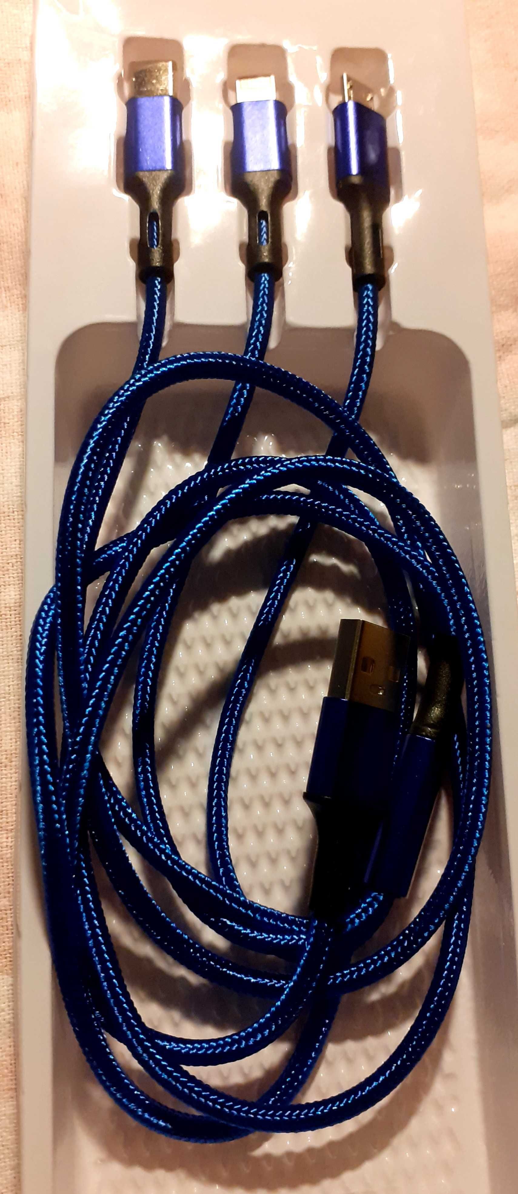 NOWY (w pudełku) kabel USB 115 cm na 3 wtyki: micro USB, USB C, iPhone