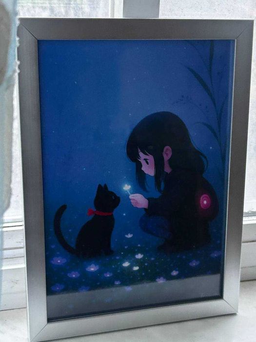 Картина авторская  "Девочка и Черный Кот" (Цифровая Живопись)