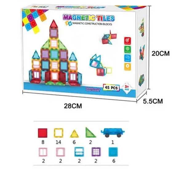 EDUKACYJNE KLOCKI magnetyczne konstrukcyjne 45el. Zestaw + naklejki