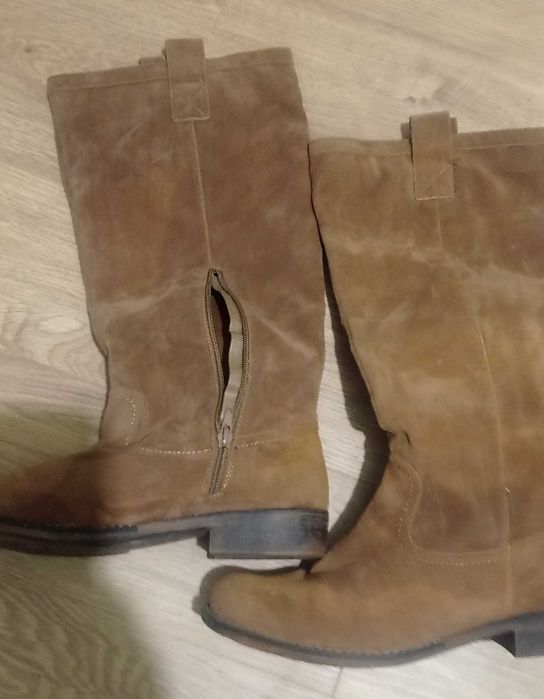 Brązowe musztardowe zamszowe płaskie Kozaki Kowbojki rude camel r 40