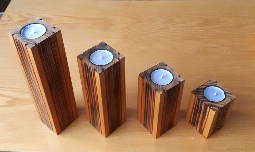 Świecznik drewniany, podpalany, olejowany, zestaw