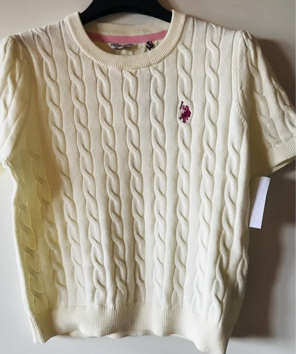 Sweterek U.S. Polo Assn. Ecru, we warkocze, bawelna, kr. rekaw, S