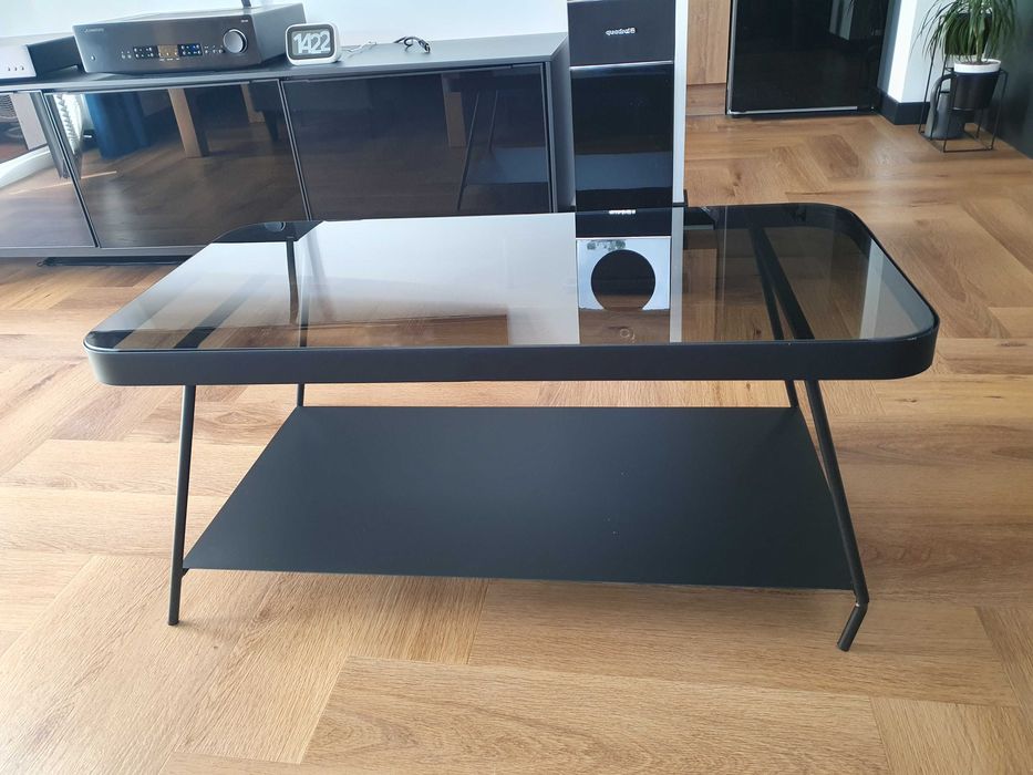 Stolik kawowy Duilia czarny metal szkło przydymione 90 x 45