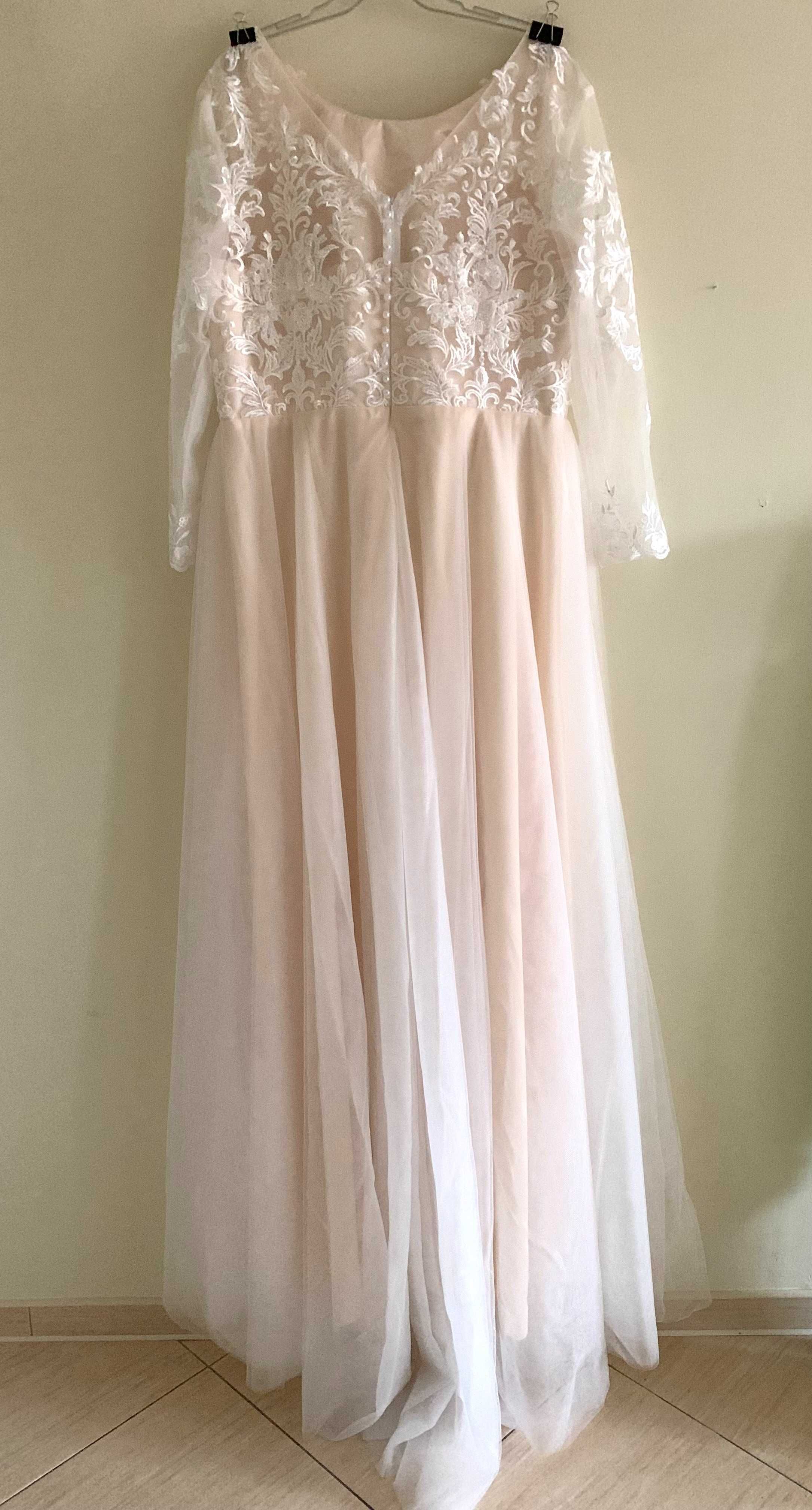 Suknia ślubna ivory-nude linia-A rękawy 46, 50