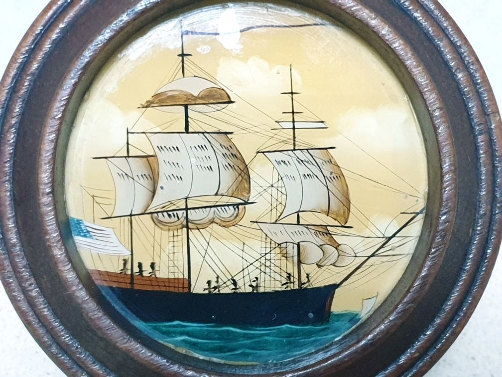 Linda caixa de tabaco em madeira com pintura reversa - navio