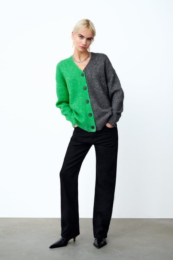 ZARA nowy oversize dwukolorowy kardigan sweter zielony szary S