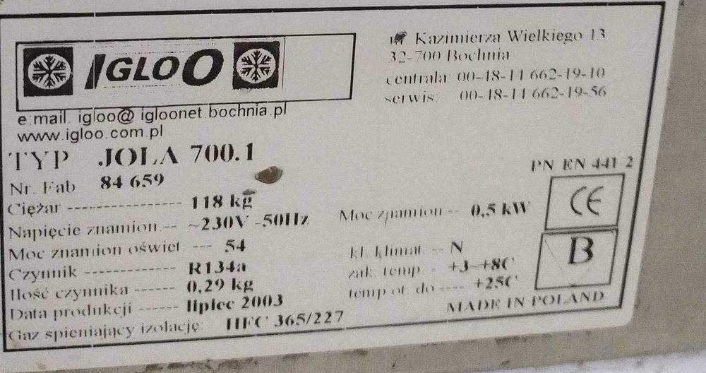 Lodówka 700 l Igloo z blachy nierdzewnej.