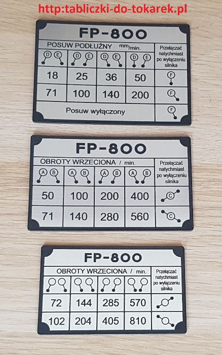 Frezarka FP 800 Tabliczka Tabliczki Tabela Obrotów