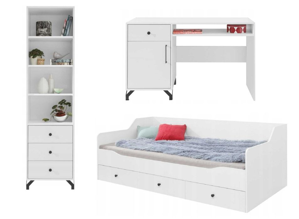 zestaw mebli młodzieżowych BIEL Połysk Regał Biurko łóżko 90x200 HIT