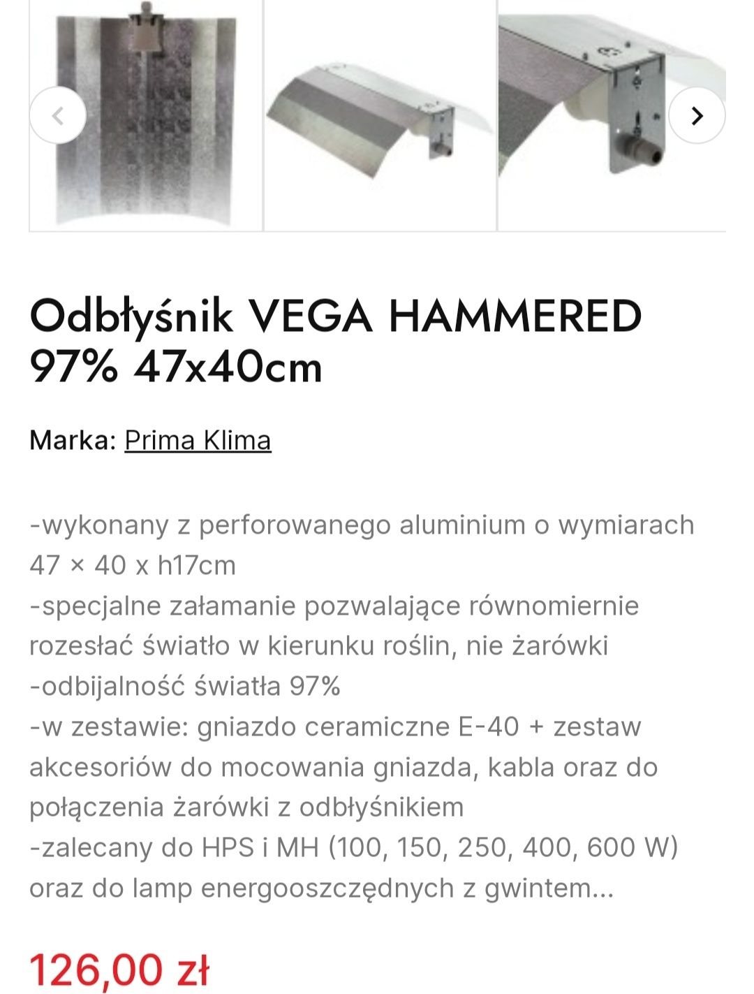 Odbłyśnik VEGA HAMMERED 97% 47x40cm z KABLEM!