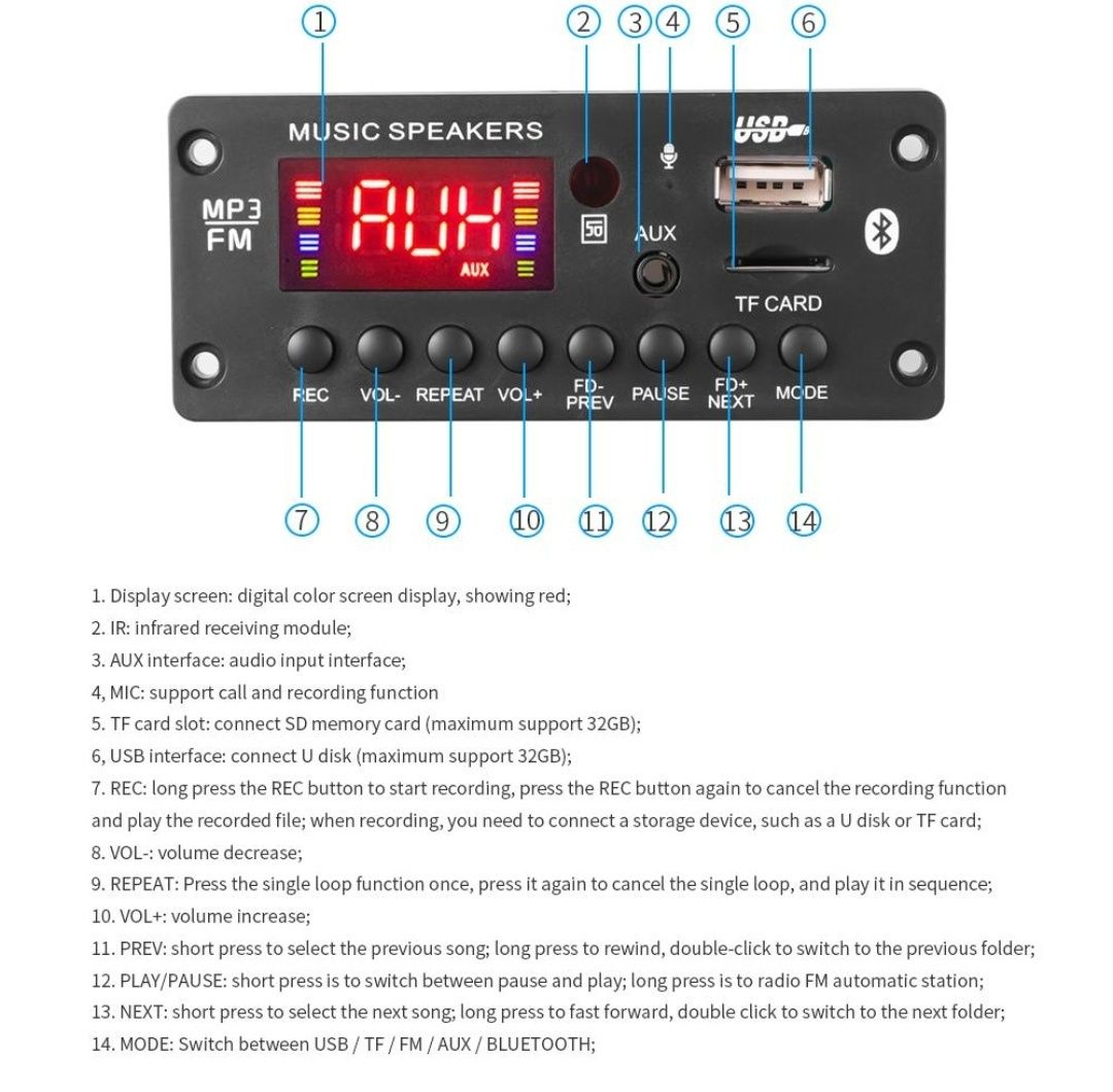 Декодер 2*25W, Bluetooth 5.0. ФМ-приемник, AUX,USB, mp3, Папки листает