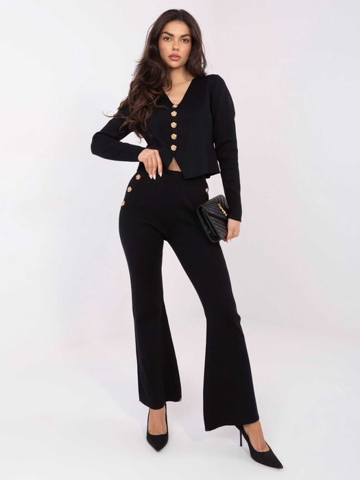 Komplet dzianinowy Czarny elegancki, rozpinany swetrer,szeroka nogawka