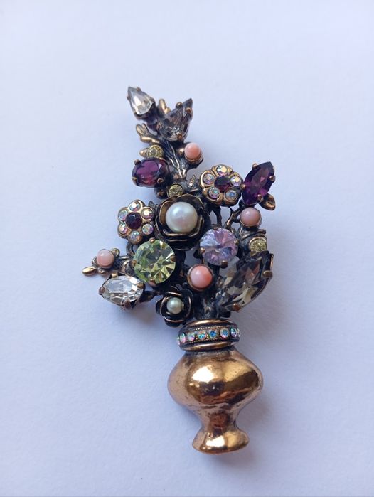 Брошь  Букет Alcozer & J, Италия , позолота, коралл, рубин, стразы.