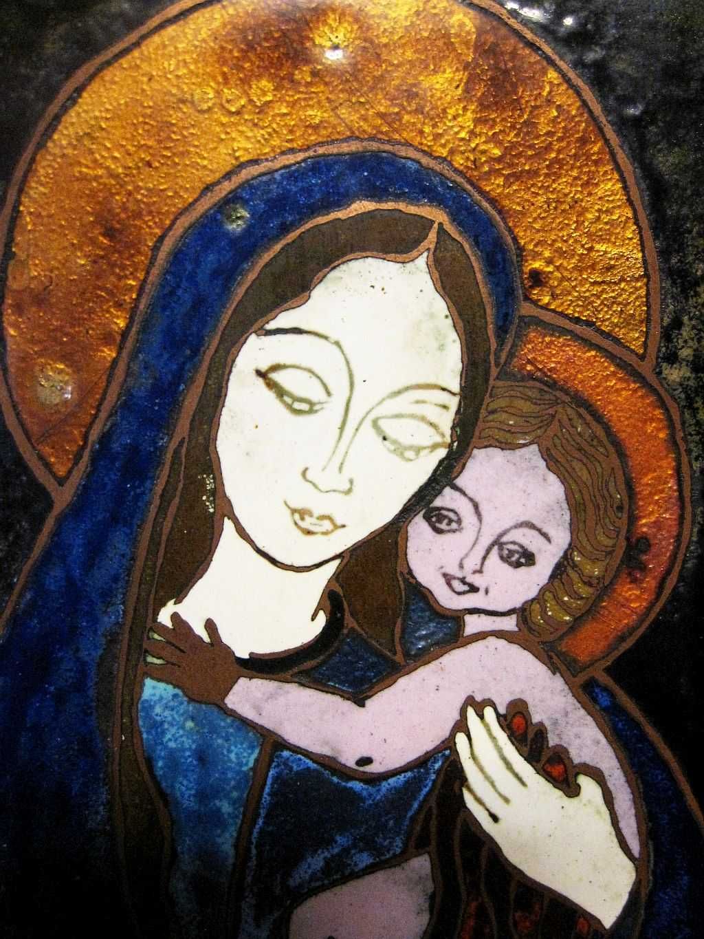 Pintura religiosa esmaltada - Nossa Senhora com o Menino - assinada