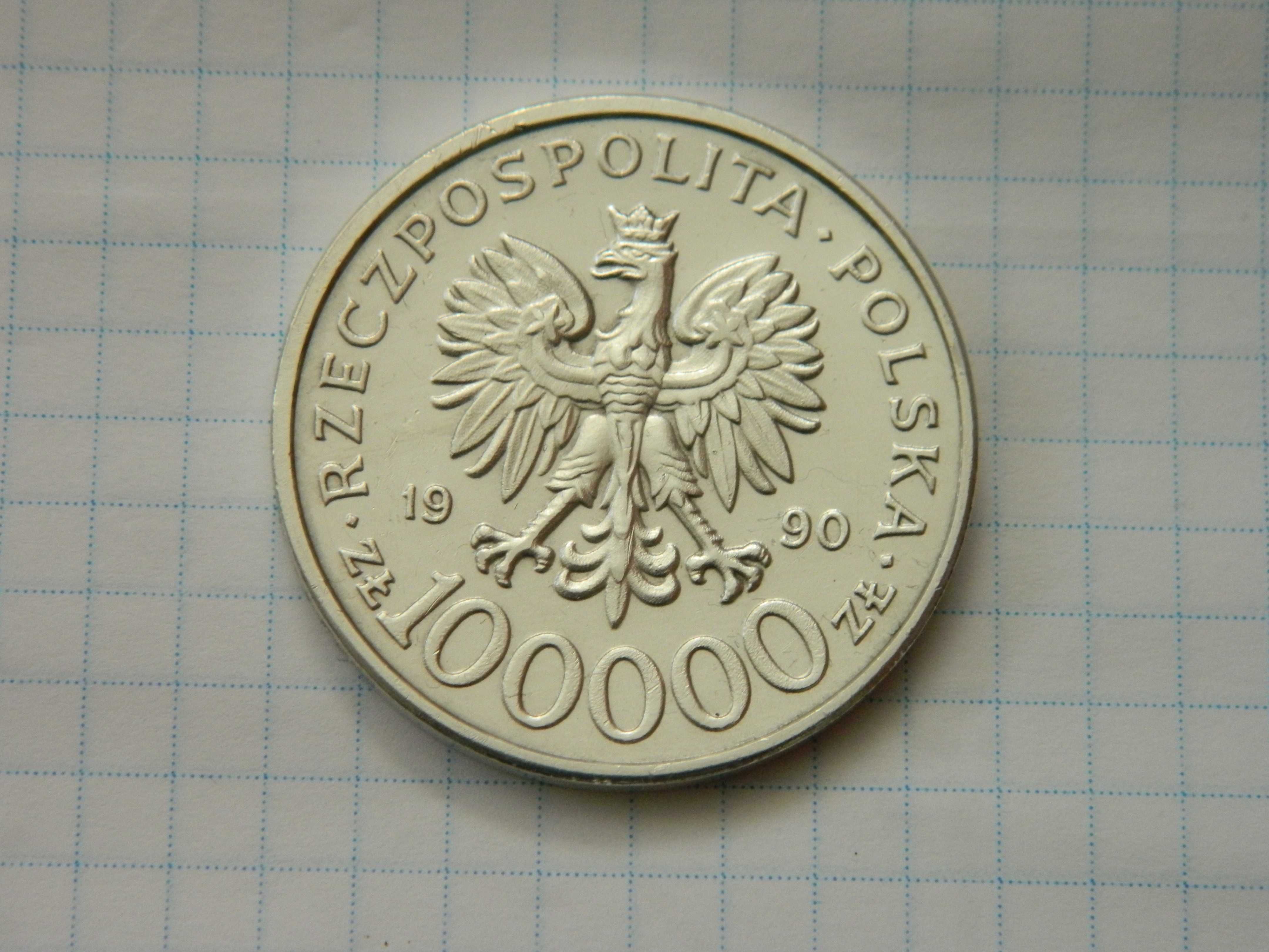 100 000 злотих 1990 року. Солідарність.  Польща. Срібло 999проби.