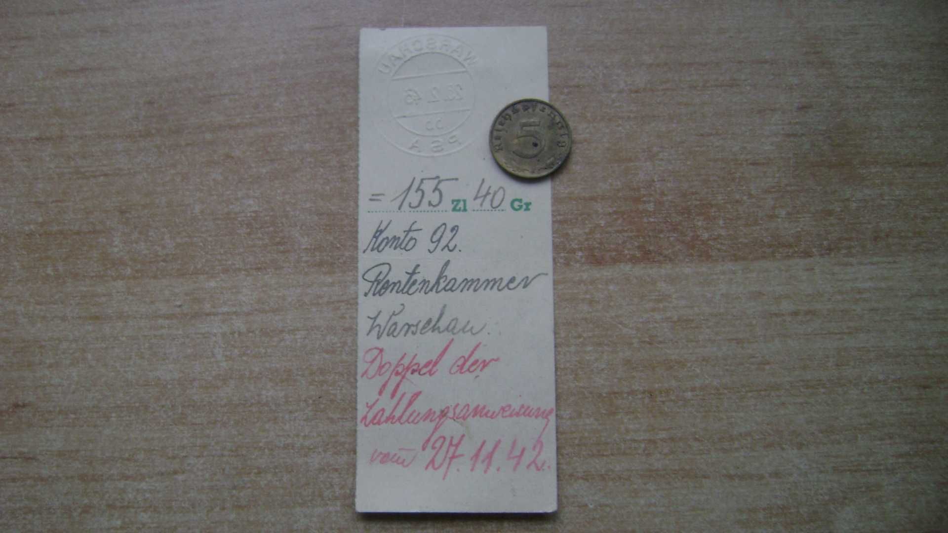 Starocie z PRL - Stare monety = 5 fenigów z 1939r F + paragon Warschau