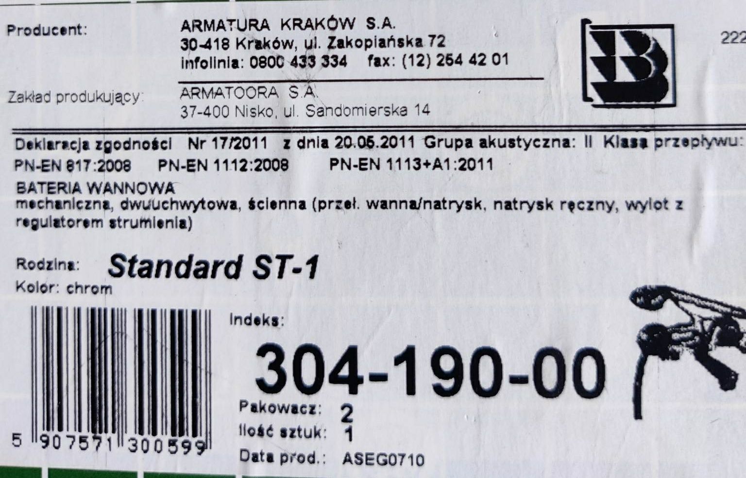 Nowa bateria wannowa Armatura Kraków Standard ST-1