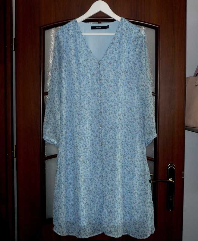 sukienka vero moda błękitna guziki midi na podszewce baby blue