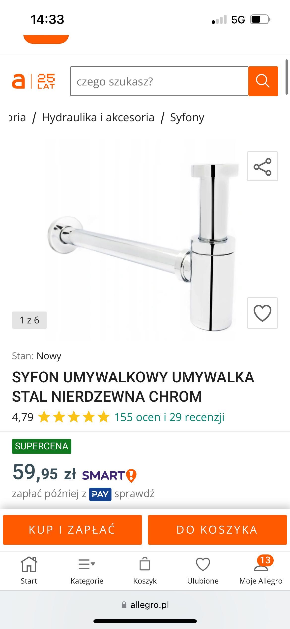 Rura do syfonu fi 32 stal chrom syfon