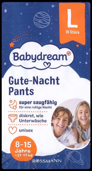 Pieluchomajtki BABYDREAM rozm. L, 27-57 kg, unisex  30 sztuk
10 szt.