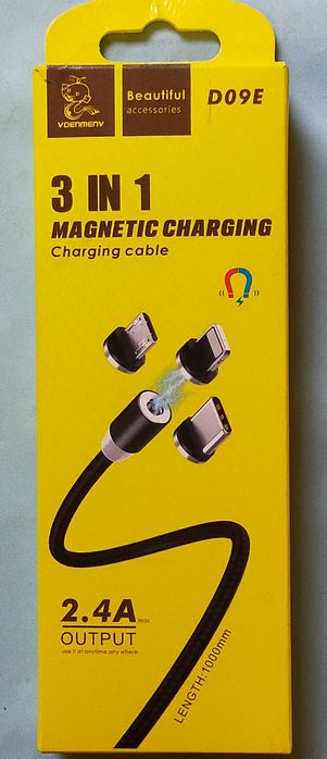 Магнитный кабель для телефона 3в1 Type-C+MicroUSB+Lightning Denmen