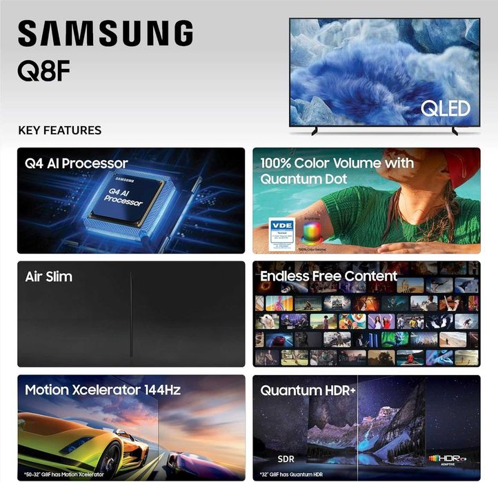 TV New 2025 QLED Samsung QE65Q8F UltraHD 4K HDR+ SmartTV Wi-FI 5GHz.