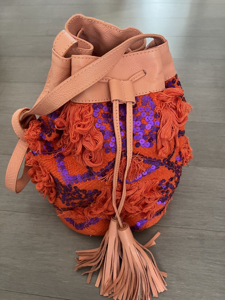 Torebka worek boho hobo Antik Batik pomaranczowa fioletowa cekiny